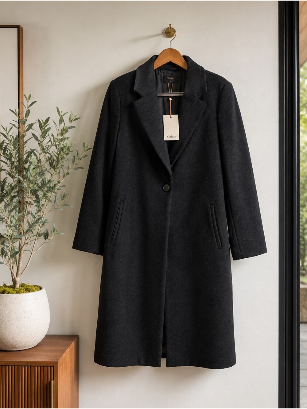 NWT Quince Wool Cashmere Tailored Long Coat Single Button Classic Black XS